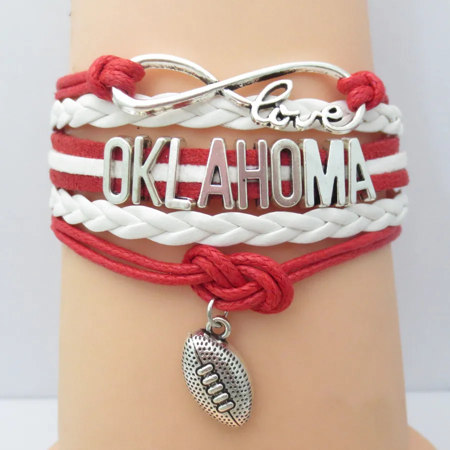 infinity Oklahoma football team bracelet charm red wax white wrap bracelet football jewelryin