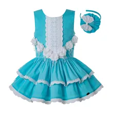 Pettigirl/летние синие вечерние платья из хлопка для девочек с повязкой на голову с белым цветком и бантом; одежда для детей без рукавов на День рождения; G-DMGD203-34