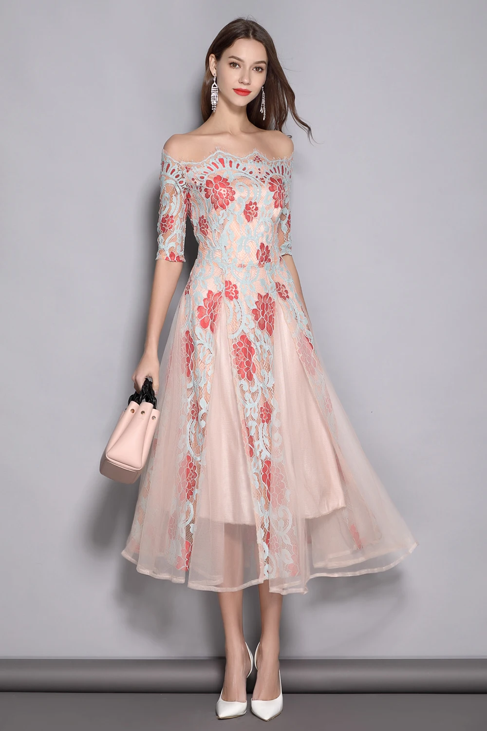 Женские Подиумные дизайнерские платья с вырезом лодочкой и вышивкой, Элегантные Платья с цветочным рисунком до середины икры