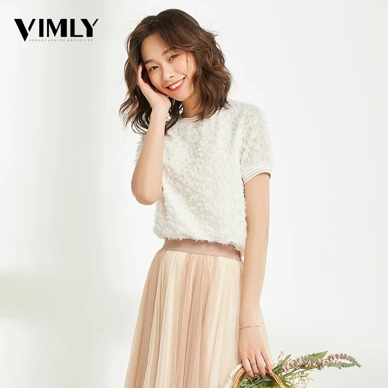  Vimly Women Lace Jacquard Blouse Shirts Summer Short Sleeve Solid Tops Women Elegant Romantic Blous