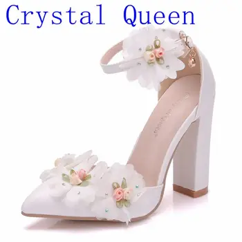 

Crystal Queen Lace Flower Women Shoes Pointed Strappy Pumps Sexy High Thick Heels Shoes Woman Wedding Shoes Female Lace Up Shoes