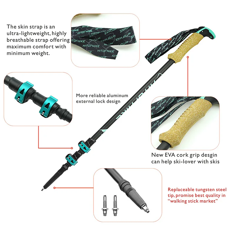 195g/pc carbon fiber external quick lock Trekking pole hiking Collapsible stick nordic walking stick Shooting Crutch Senderismo 2