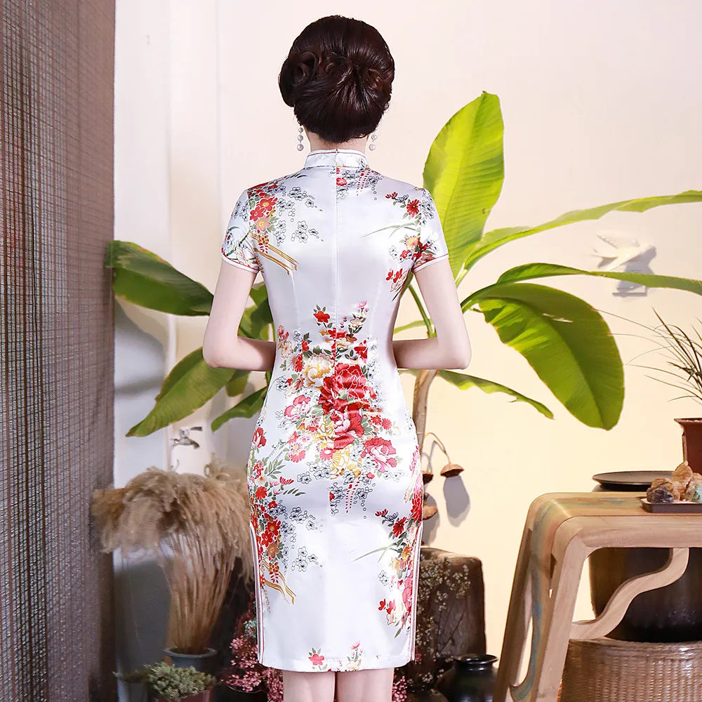 WHITE Flower Women Satin Cheongsam Summer New Slim Rayon Wedding Dress Elegant Split Qipao Traditional Chinese Women Vestido 6XL