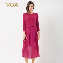 VOA плюс Размеры шелк платье из ткани жоржет Винтаж красный поддельные два набора краткое сплошной Высокая Талия Тонкий Повседневное Для женщин миди платье Весна A6566