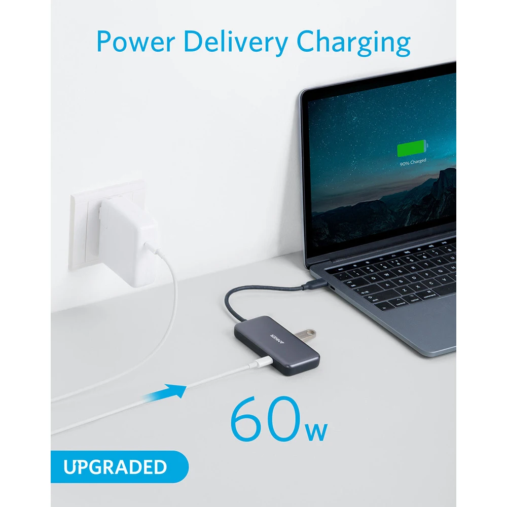 Anker USB C концентратор, 4 в 1 взаимный обмен данными между компьютером и периферийными устройствами C адаптер переменного тока, 60W Мощность доставки, с 3 портами(стандарт 3,0 Порты, для MacBook Pro 13 ''//, Chromebook, XPS и т. д