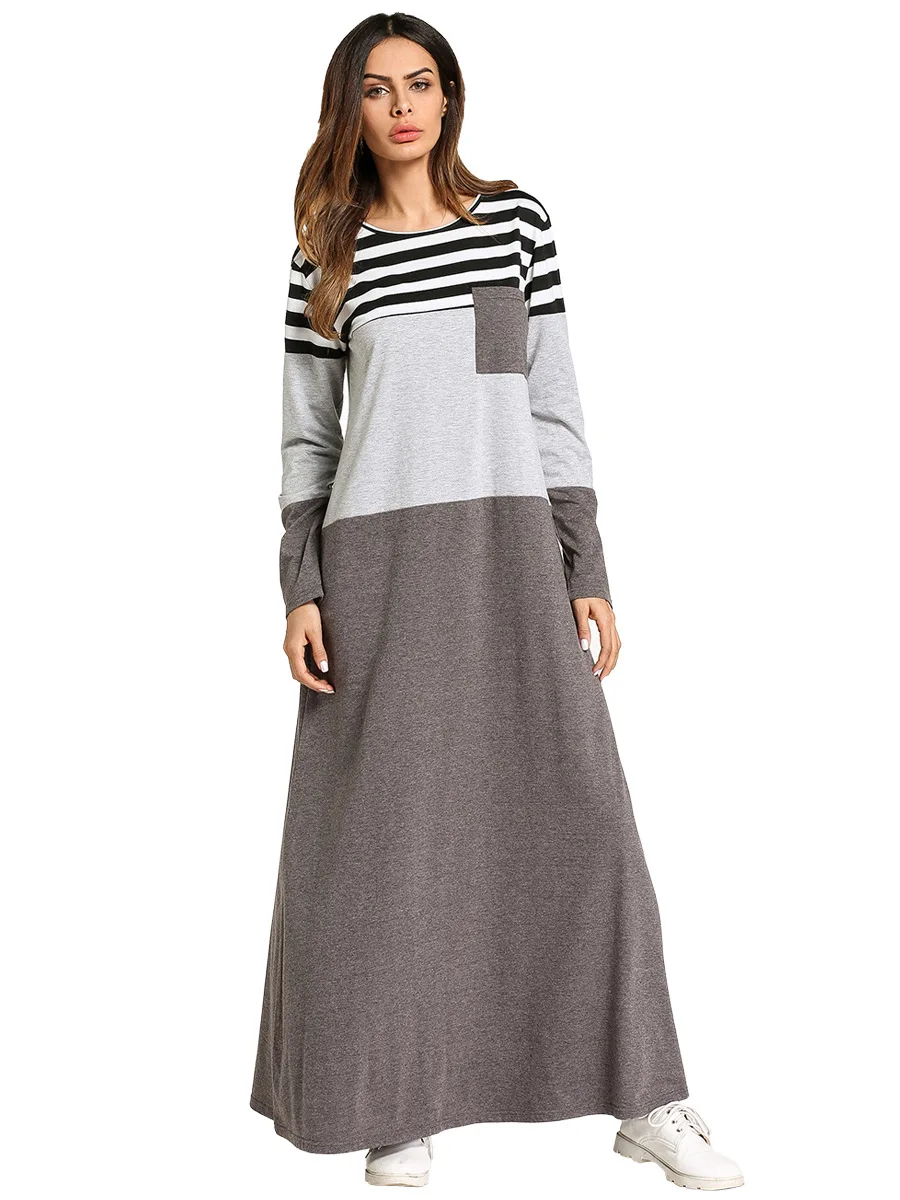 

Women Plus Size 4XL Patchwork Maxi Dress Autumn Long Dress Islamic Dubai Long Sleeves Vintage Loose Striped Dress Arab Robe