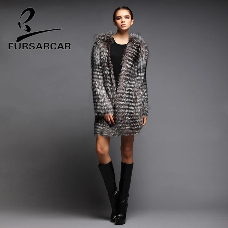 FURSARCAR New Real Natural Silver Fur Women Warm Winter Coat Fashion Luxury Genuine Fur Jacket Outerwear For Female Garment