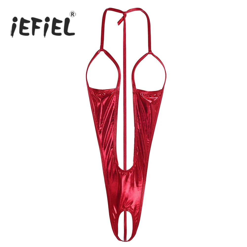 

Women Lingerie Body Suit Patent Leather Open Bust Backless Crotchless Bodysuit Sleepwear Nightwear Wetlook Women's Bodystocking