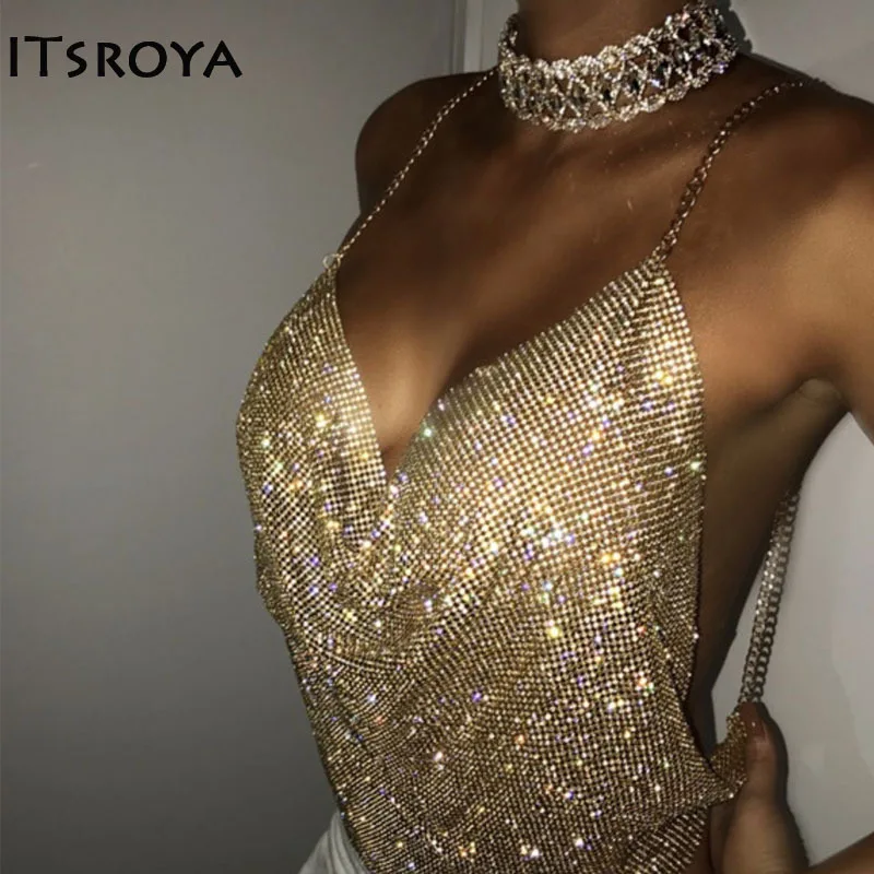 

Itsroya Summer Sexy Crystal Women Bikinis Halter Gold Shining Cover Bra Vest Party Halter Beach Wear Top Bathing Suit Women