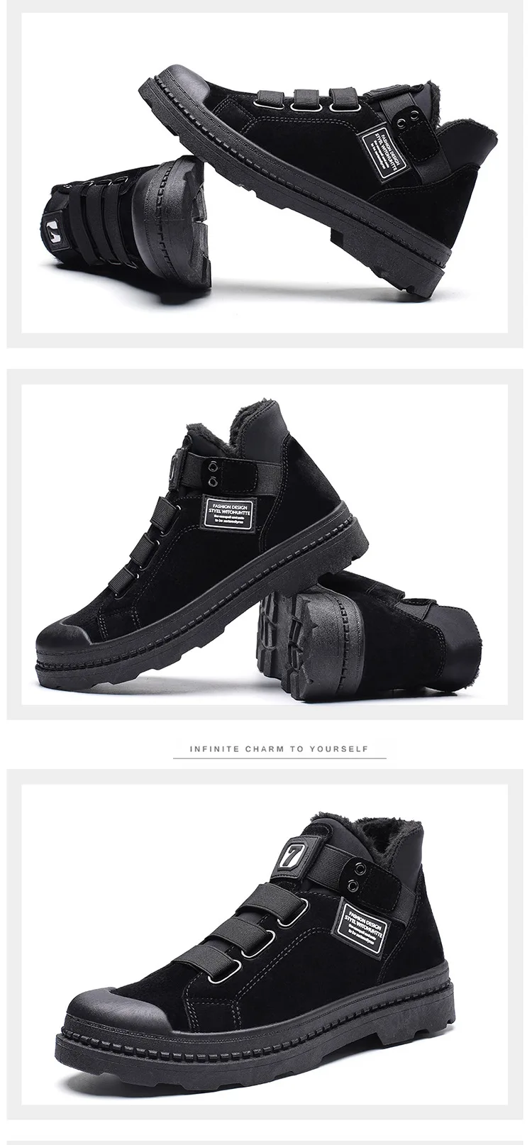 Зимняя обувь на меху г. Модные Универсальные Нескользящие ботильоны Мужские классические ботинки на застежке-липучке Мужская плюшевая теплая обувь полностью черного цвета