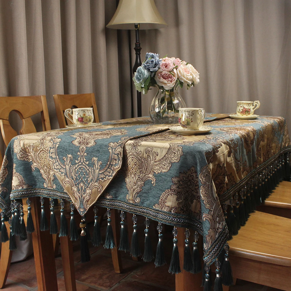  CURCYA European Blue Chenille Jacquard Luxury Table Cloth Formal Dining Table Covers Home Decorativ