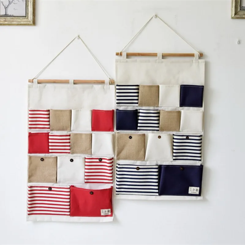 Cotton Linen Fabric Striped Hanging Storage Bag Multilayer Behind Doors