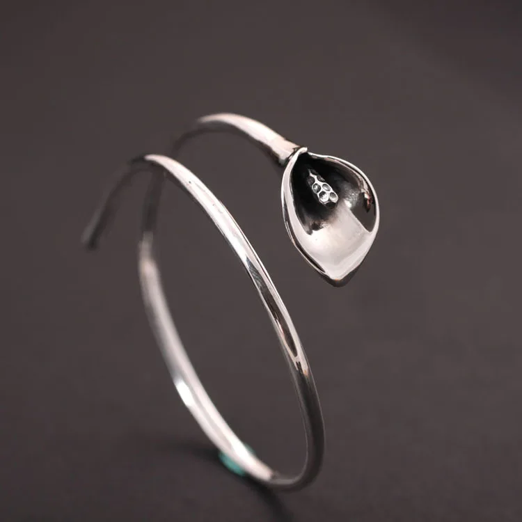 Calla Lily bangle 100% 999 silver Jewelry Vintage Adjustable bangles for women gift