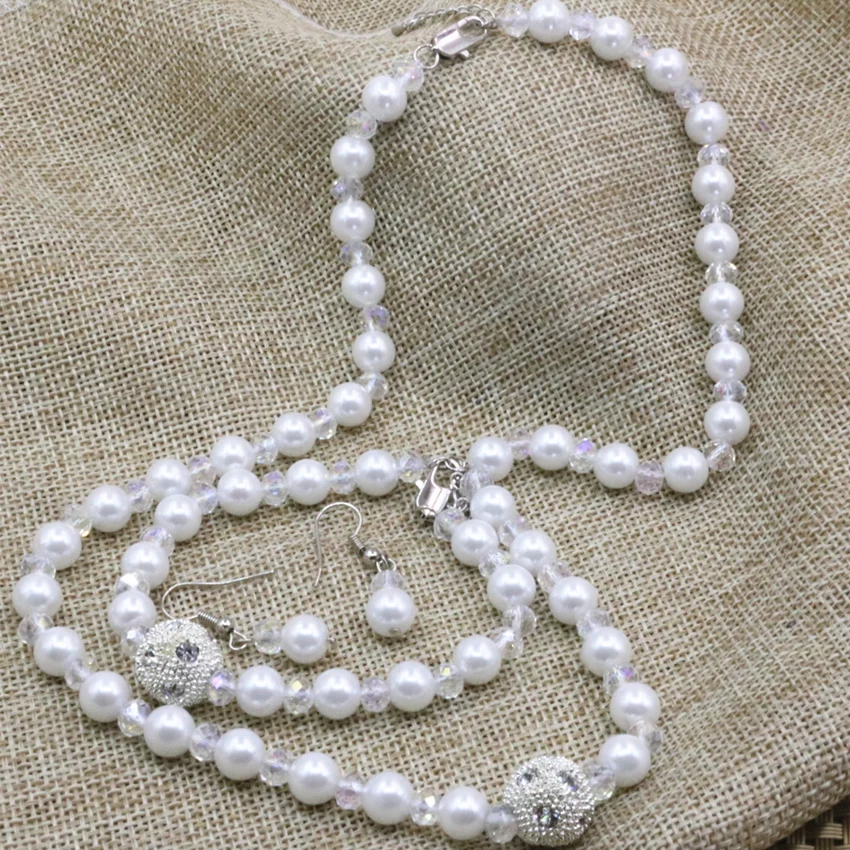 

White simulated-pearl shell 8mm round beads abacus crystal necklace bracelet earrings for women charms elegant jewelry set B3181