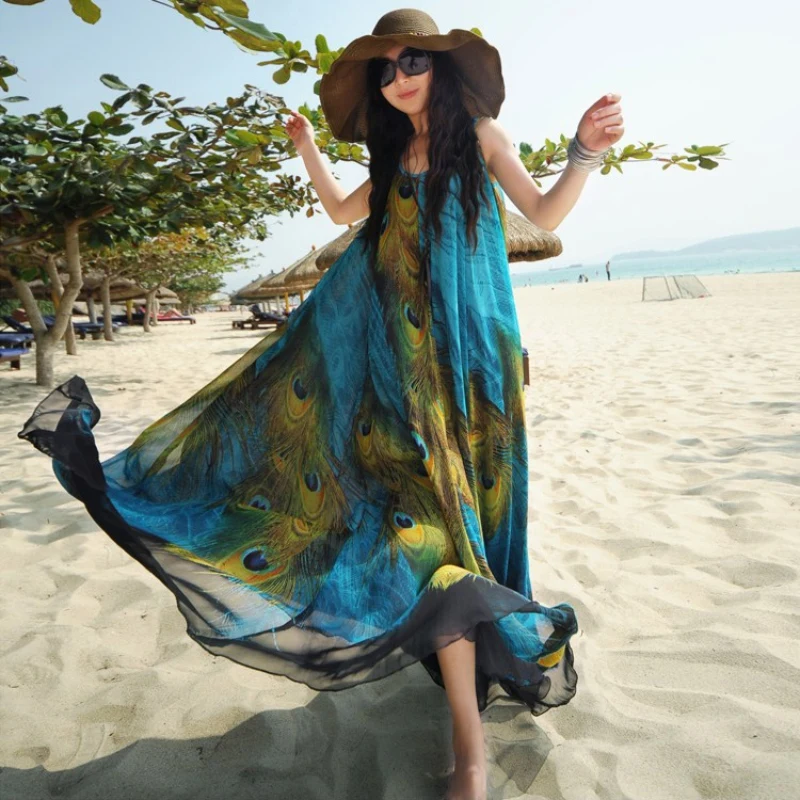 

Long Plus Size Beach Dress For Vacation Print Sleeveless Peacock Bohemia Summer Dress Big Size Maxi Dresses