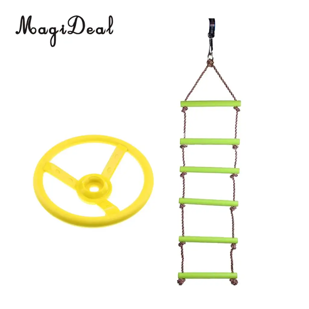 Kids Playhouse 6 Rungs Rope Climbing Ladder +Steering Wheel Toy Swing  Outdoor Sports Gym Fitness Toy