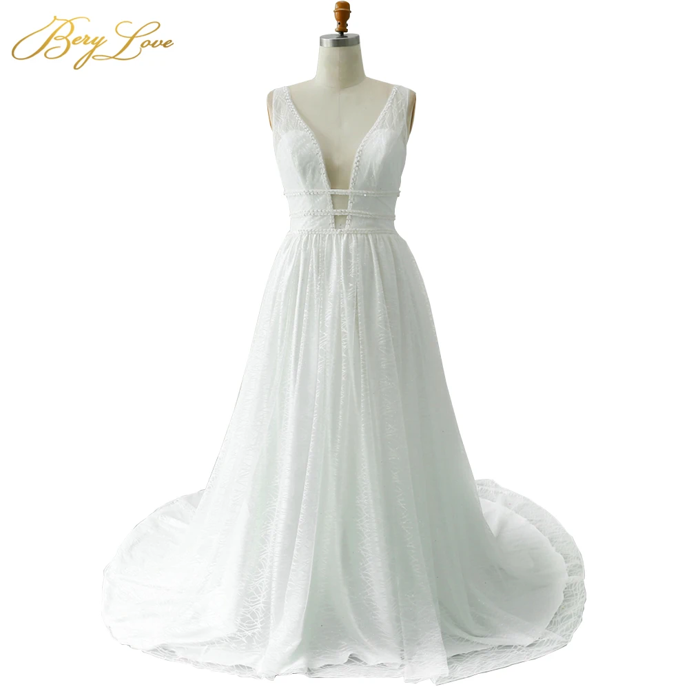 

BeryLove Pure Milk White Wedding Dress 2019 A line Glitter vestidos de novia V Neck Open Back Sparkle robe de mariee Bride Dress