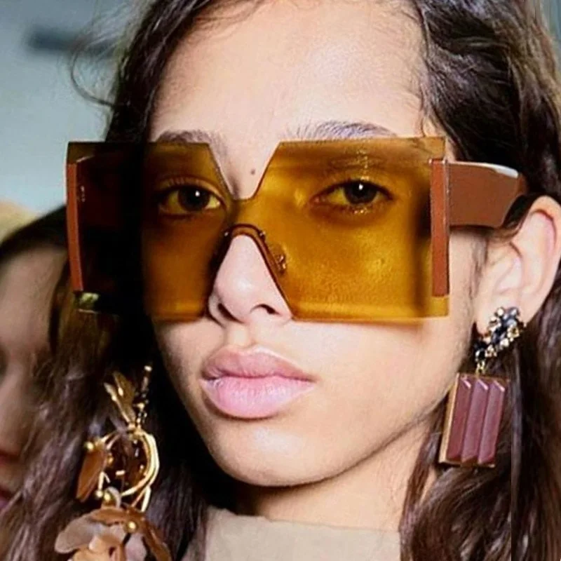 

Sexy Unique Oversized Sunglasses Men Vintage 2018 One Piece Lens Yellow Red Rimless Sun Glasses Female Big Frame Women Shades