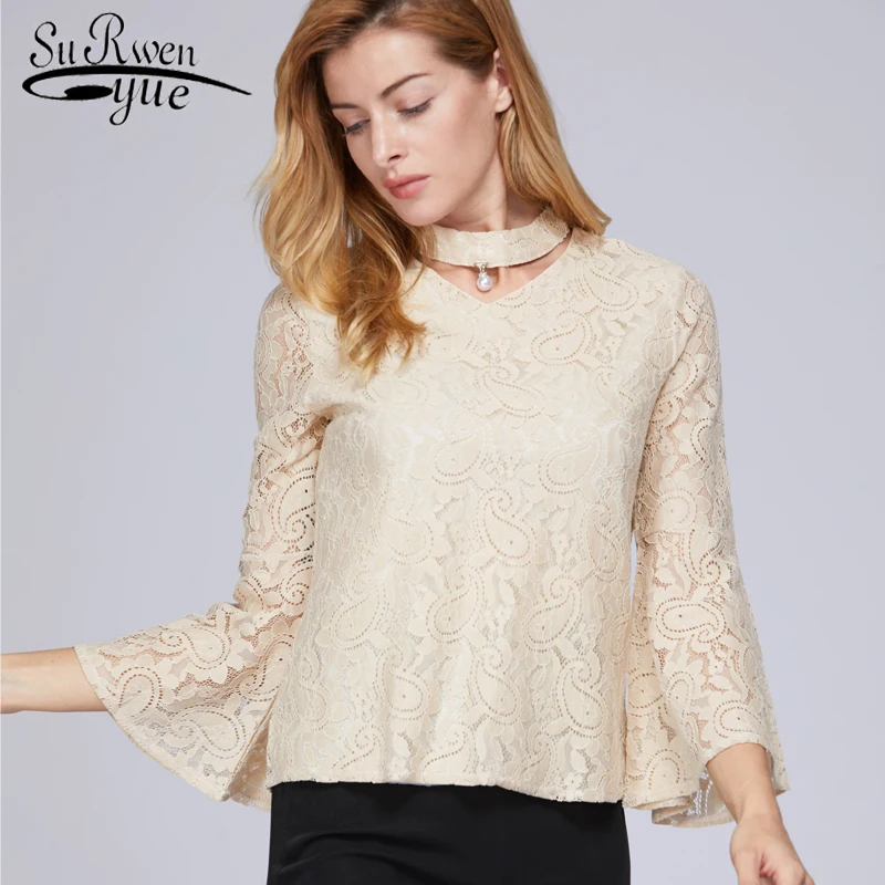 

2018 fashion women blouses lace women's shirts V collar beading flare sleeves women tops blusa causal plus size clothes D23 30