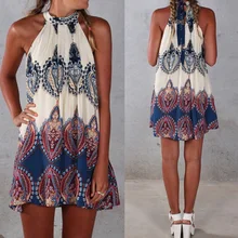 2016 Bohemian Elbise Moda Sempatik Seksi Hanım Yaz Rahat Kolsuz Elbise Baskılı Halter Parti Gece Mini Elbise Vestidos HFF008