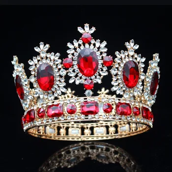 

Gold Red Bridal Queen King Tiara Crown Bride Pageant Headpiece Women Prom Diadem Hair Ornaments Weeding Hair Jewelry Accessories