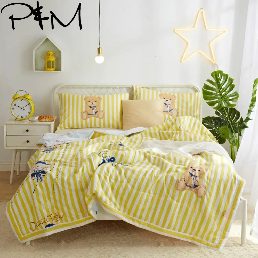 

Papa&Mima Cute bear Print Quilting Summer Quilt Twin Queen Size Throws Blanket Cotton Bedding Plaid Bedspread