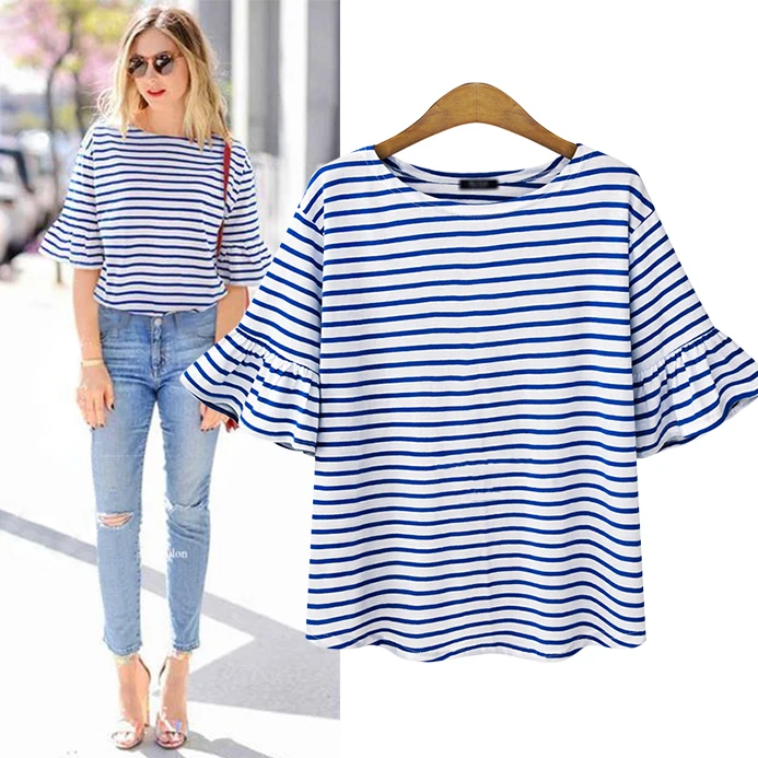 

2017 Summer new Korean version of loose sleeves cotton blue and white striped compassionate short sleeves T -shirt