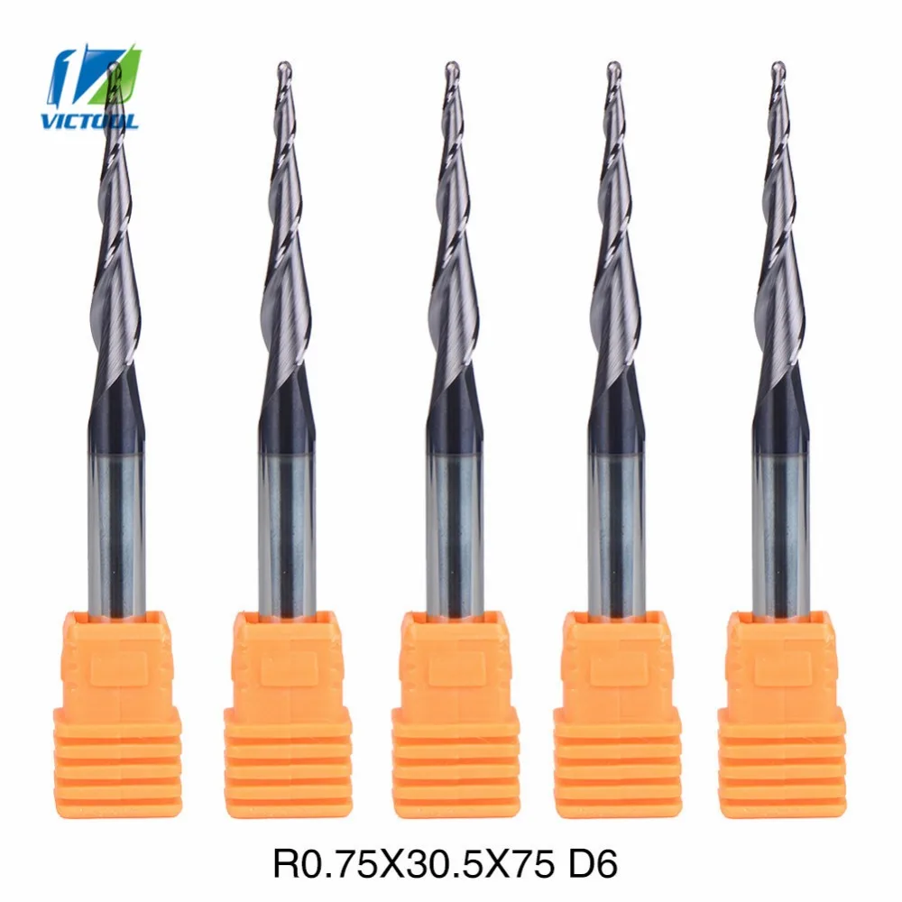 

5pcs/lot R0.75*D6*30.5*75L Tungsten Solid Carbide 2-Flute Tapered Ball Nose End Mills Machining for Stainless Steel Mill Bit