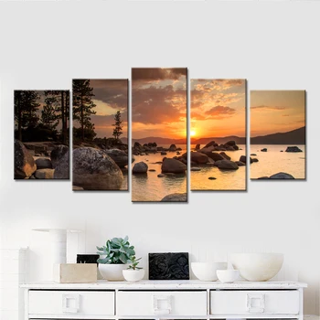 

Modular Wall Art Pictures 5 Pieces Sea Sunset Rocks Spoondrift Painting Canvas Prints Poster Home Decor For Living Room Framed