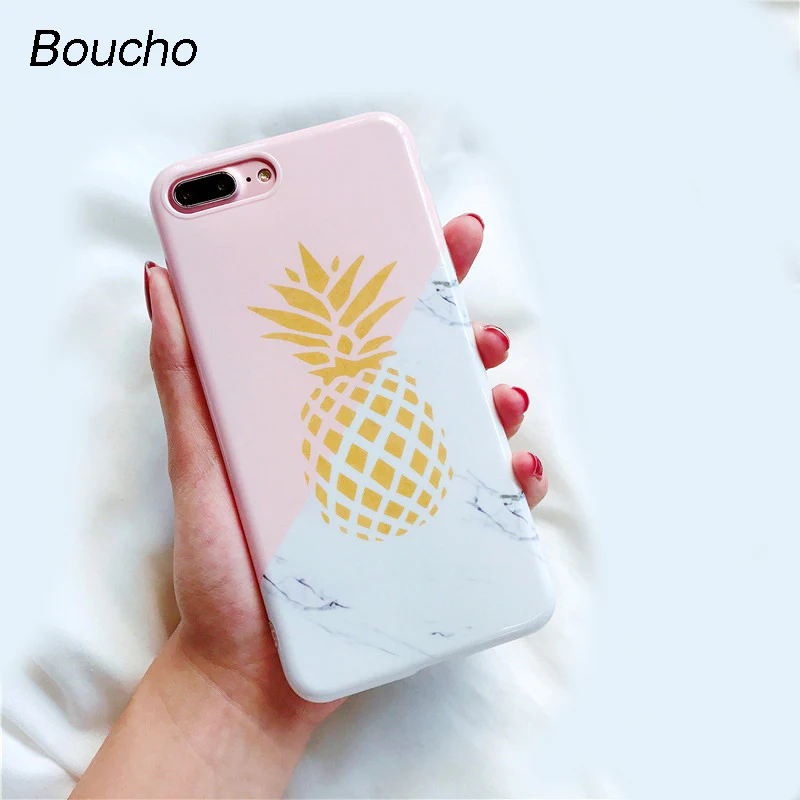 Boucho Soft IMD Cases For iphone 6 6s 7 8 plus Capa Cartoon Marble Fruit Pineapple Phone Case X Fashion Back Cover |