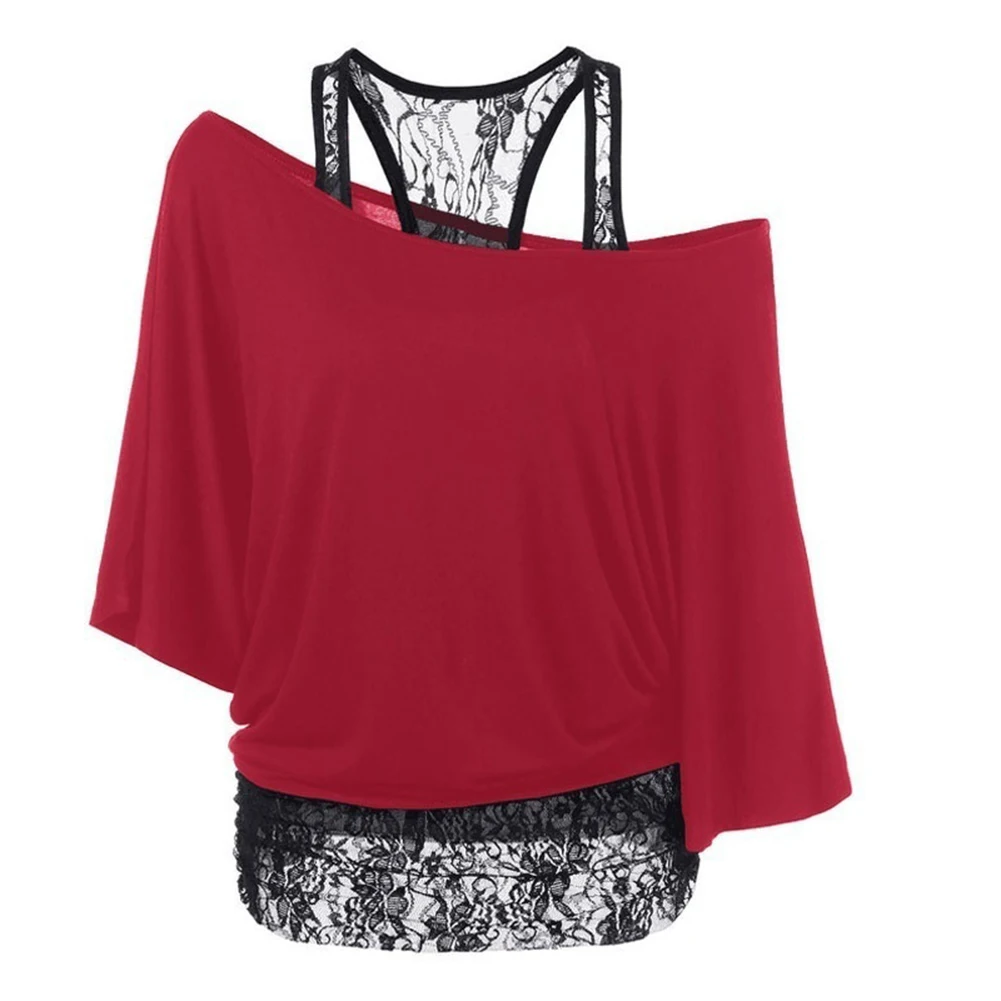 

2017 Women Lace Stitching Vest Batwing Sleeve One Shoulder T-shirt Fashion Top