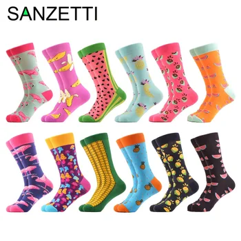 

SANZETTI 12 pairs/lot Colorful Men's Combed Cotton Casual Dress Wedding Socks Funny Pineapple Flamingo Pattern Crew Street Wear