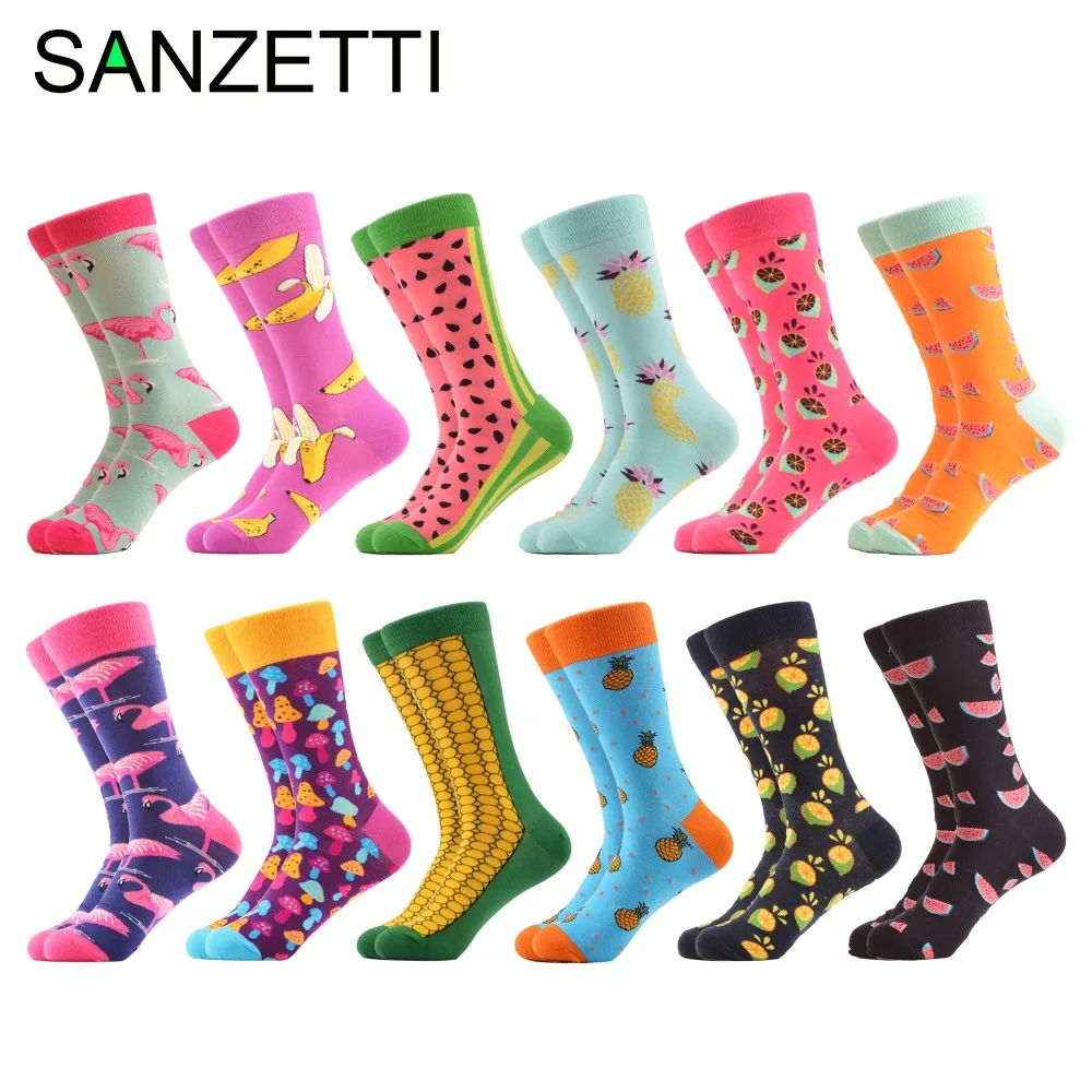 SANZETTI 12 pairs/lot Colorful Men's Combed Cotton Casual Dress Wedding Socks Funny Pineapple Flamingo Pattern Crew Street Wear