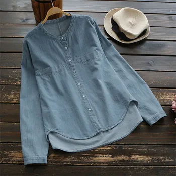 

Plus Size S-5XL Jean Blouse Autumn Stand Collar Long Sleeve Women Blouses Solid Office Shirt Casual Tops Blusas Chemise Femme