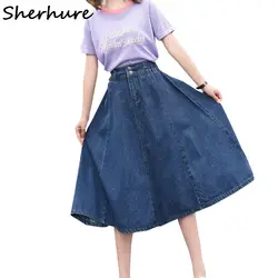 Sherhure 2018 женская джинсовая юбка с высокой талией Плюс Размер 4XL 5XL Женская длинная юбка женский джемпер Женская Осенняя Женская Джинсовая