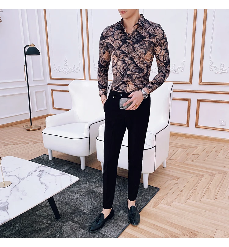 Новый роскошный барокко Camisa Slim Fit Мужская сорочка Homme 2019 Весенняя рубашка социальных Клубная рубашка Camisa Hombre Camisa Masculina