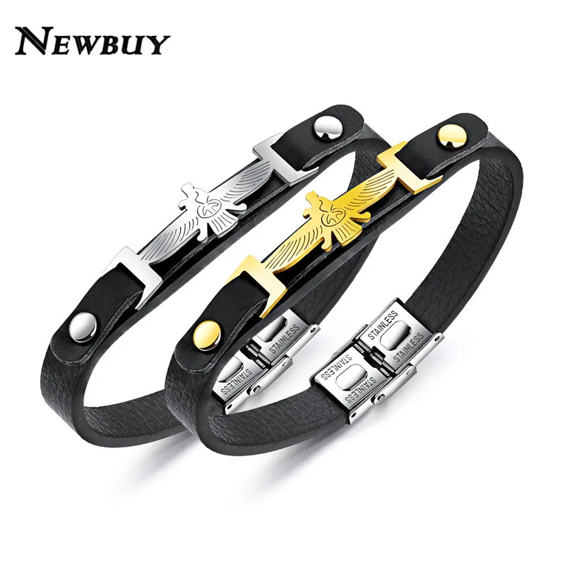 

NEWBUY 2017 New Genuine Leather Jewelry Stainless Steel Iranian Eagle Charm Bracelet For Men Punk Jewelry Dropship