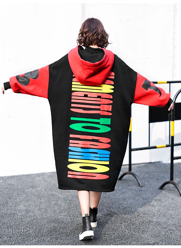 Женские зимние толстые теплые Толстовки Harajuku модные Свободные Batwing рукавом хит Цвет письмо шаблон печати Длинный свитшот Q192