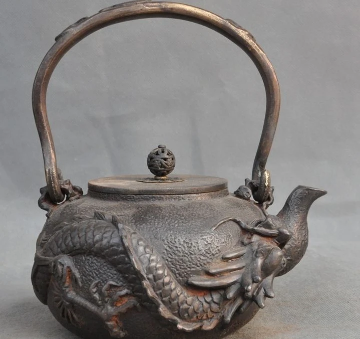 

8" Marked Old Chinese Dynasty Bronze Dragon Teapot kettle Water bottle Tea set