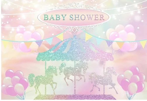 7 X5Ft Carousel Gold Horse Baby Shower Fiori Rosa Nuvole Cielo Custom Photo Studio Sfondo Banner Vinile 220Cm X 150Cm