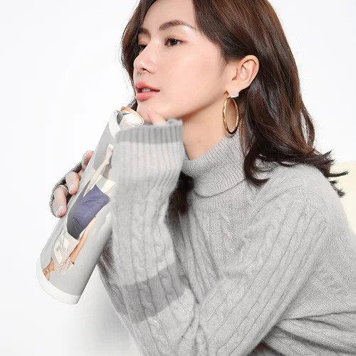 Зимний свитер, женский свободный кашемировый свитер с высоким воротом, корейский стиль, цветная Вязаная Шерстяная основа - Цвет: Серый