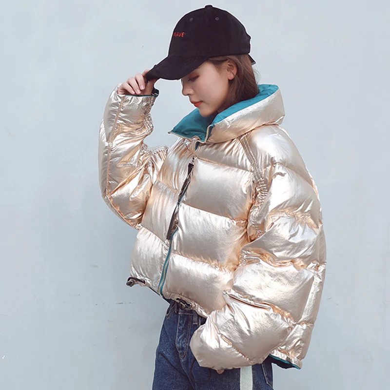 New Winter Jacket Women Fashion Metal Sky Blue Bright Warm Jacket Short
