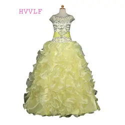 Желтый 2019, пышные платья для девочек, бальное платье с рукавами-крылышками из органзы, с кристаллами и бусинами, Платья с цветочным узором