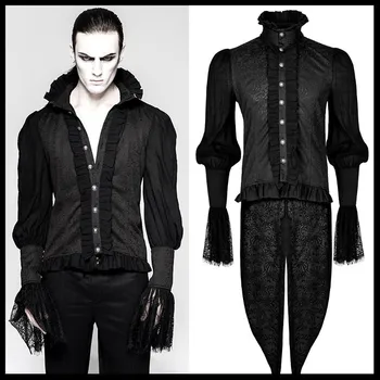 

PUNK RAVE Men Gothic Dovetail Palace Shirt Steampunk Vintage Evening Party shirt Lace Sleeve Black Blouses with Stand Collar
