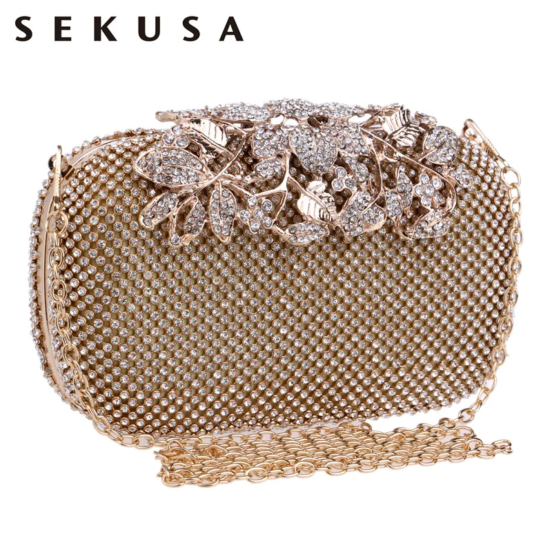 Koop SEKUSA Bloem Crystal Avondtasje Clutch Bags Koppelingen Wedding Purse Steentjes Wedding Handtassen Zilver Goud Zwart Avondtasje