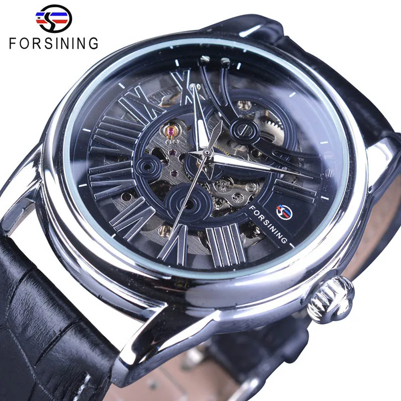 Forsining официальный эксклюзивный распродажа модный дизайн кожаный ремень Римский современный дизайн Мужские автоматические часы с скелетом лучший бренд класса люкс - Цвет: Black Silver