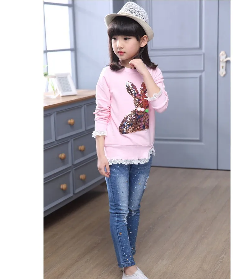 2016 new arrive sequined rebbit charatcer gray pink girls sweatshirt spring long sleeve kids clothes girls tops clothes 8 10 12 14 years girls clothing  6 7 8 9 10 11 12 13 14 15 16 children clothing (10)