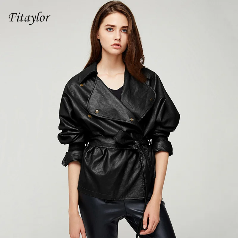 

Fitaylor New Autumn Women Loose Washed Pu Leather Jacket Fashion Sashes Design Bright Colors Coats Ladies Basic Jackets Outwear