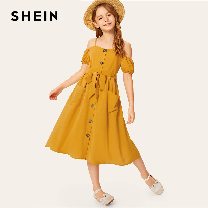 

SHEIN Kiddie Girls Solid Cold Shoulder Single Button Front Belted Boho Dress Kids 2019 Summer Vacation Short Sleeve Midi Dresses