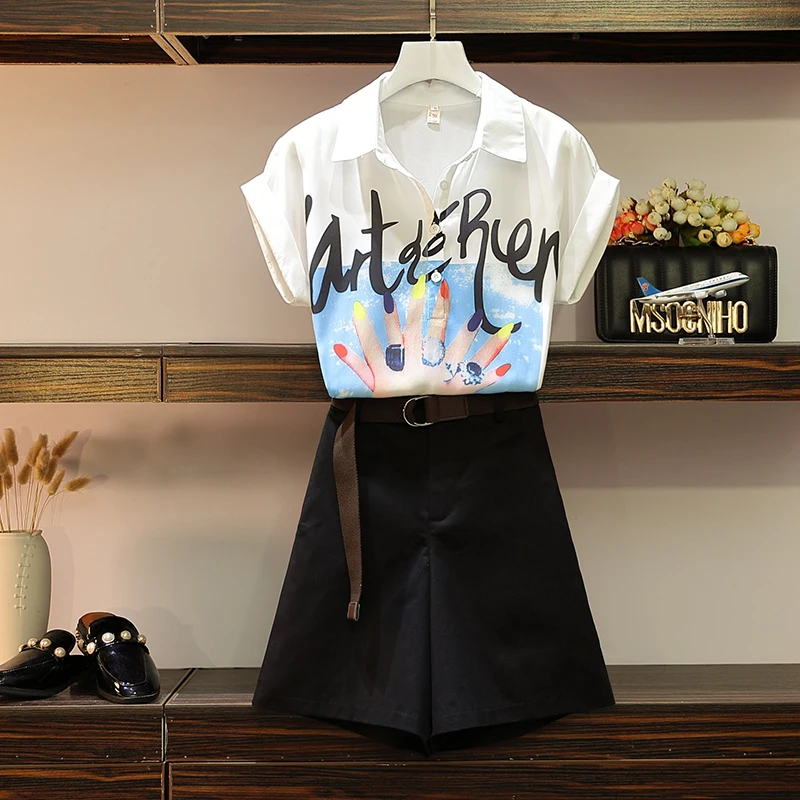 

5XL Women Letters Beauty Hands Chiffon Blouses Cartoon Shirts + Wide Leg Pants Shorts 2pcs Clothing Sets Large Size Summer Suits